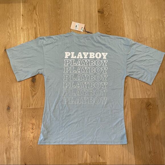 Missguided - Playboy Repeat Logo Pocket Tee in Blue - Picture 3 of 7